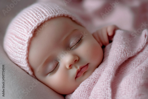 Generative AI image of a sleeping newborn baby in a cozy knitted outfit during a serene photo shoot