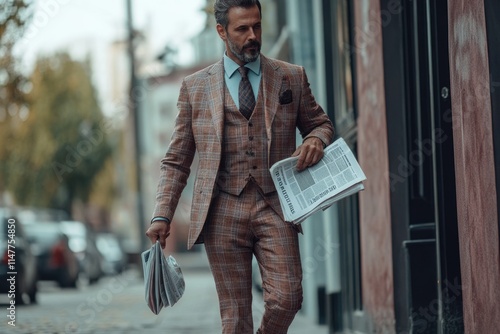 Fototapeta Naklejka Na Ścianę i Meble -  Handsome man in checked suit walking on the street with newspaper