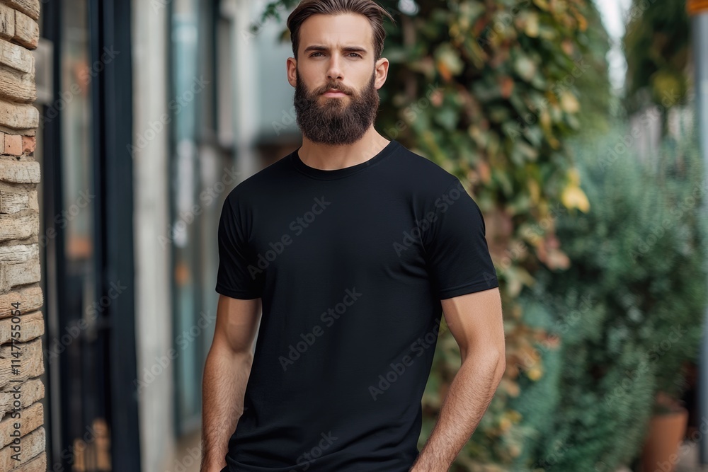 Fototapeta premium Stylish male model in black t shirt for logo design.