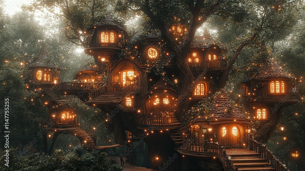 Obraz premium Enchanting treehouse village nestled in a mystical forest at night, illuminated by warm lights.