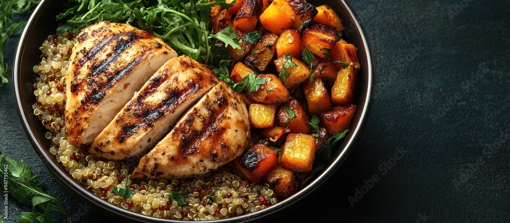 Healthy bowl with grilled chicken, quinoa, and butternut squash. Healthy bowl with grilled chicken, quinoa, and butternut squash.