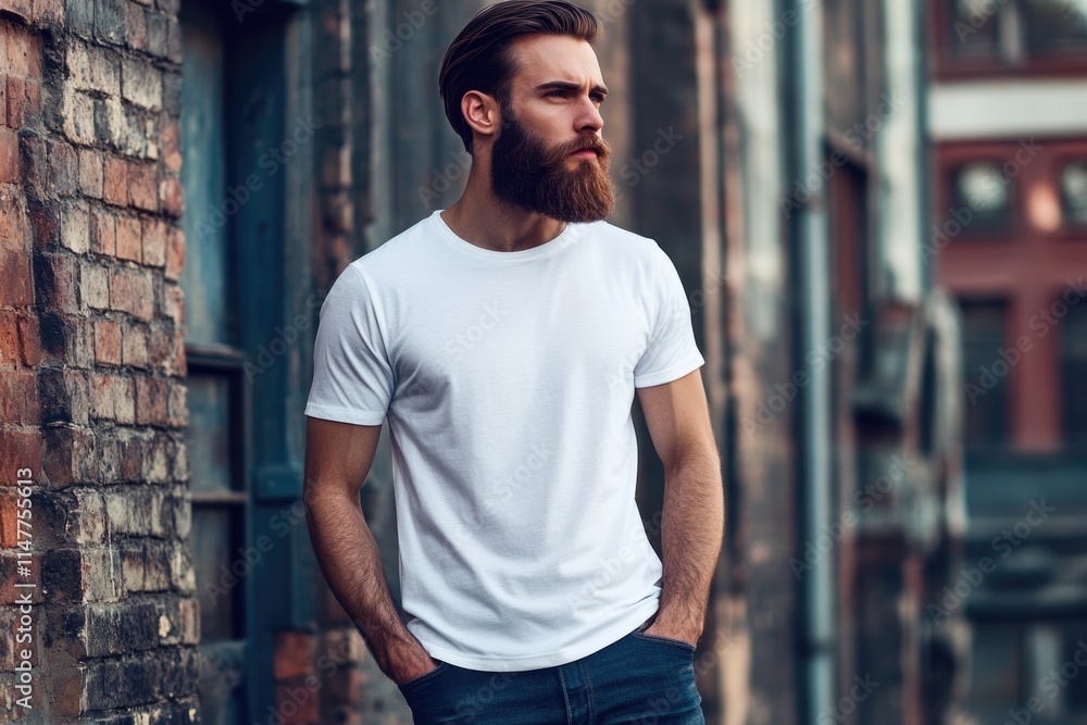 Fototapeta premium Hipster male model in blank white t shirt for logo design.