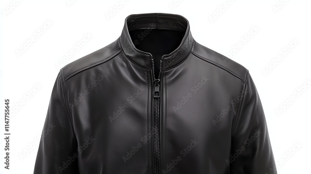 A sleek black leather jacket featuring a stand-up collar and a front zipper, perfect for stylish and edgy outfits. A sleek black leather jacket featuring a stand-up collar and a front zipper, perfect for stylish and edgy outfits.