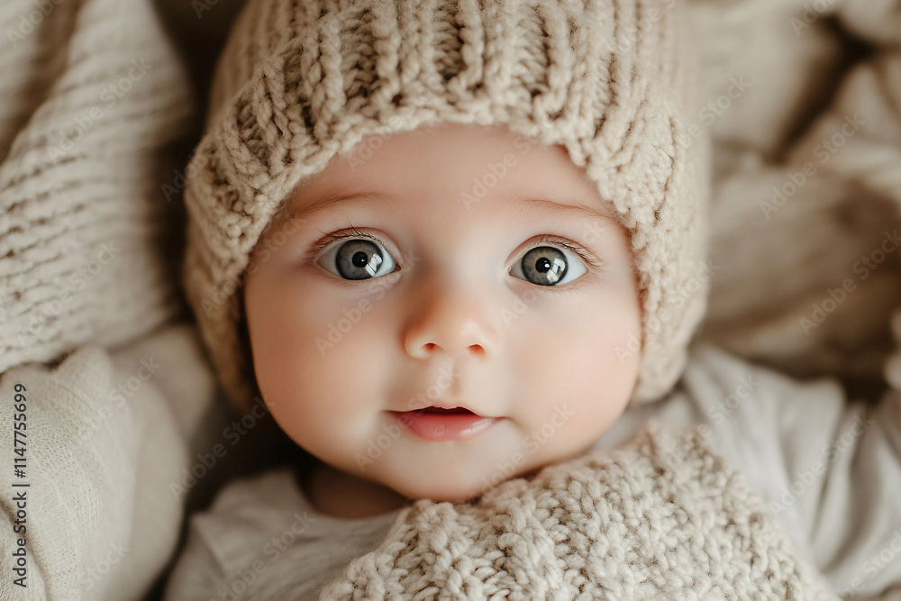 Generative AI image of a sleeping newborn baby in a cozy knitted outfit during a serene photo shoot Generative AI image of a sleeping newborn baby in a cozy knitted outfit during a serene photo shoot