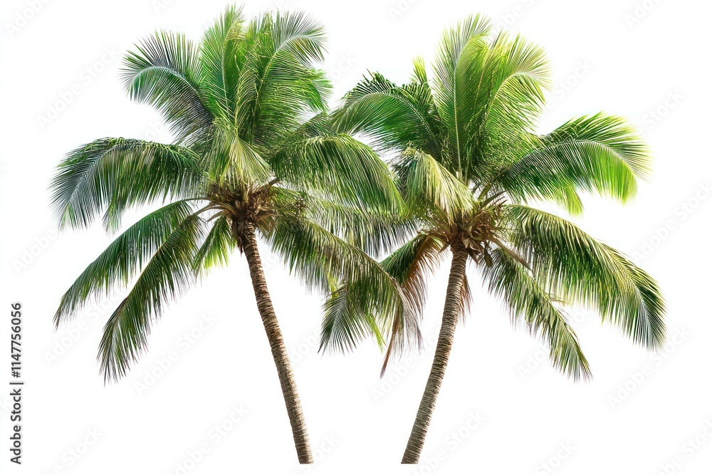 Obraz premium Two lush green coconut palm trees isolated on white background.
