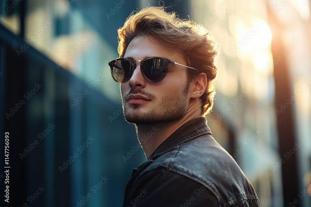 Portrait of a young handsome man model of fashion wearing tinted sunglasses in urban background Portrait of a young handsome man model of fashion wearing tinted sunglasses in urban background