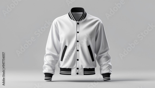 Wallpaper Mural Clean and Crisp White Varsity Jacket Mockup with Black Stripe Accents, Presented on a Minimalist Gray Background for Product Visualization Torontodigital.ca