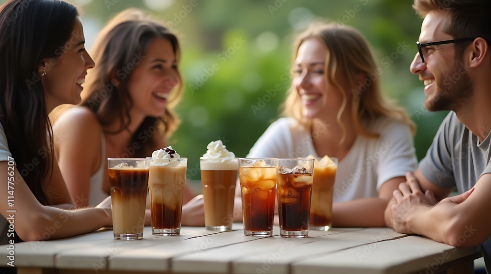 Happy friends enjoying iced drinks outdoors, Generative AI Happy friends enjoying iced drinks outdoors, Generative AI