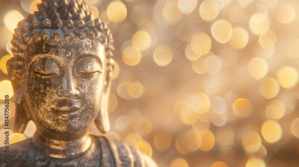 Close-up of a serene Buddha statue illuminated by golden sunlight Close-up of a serene Buddha statue illuminated by golden sunlight