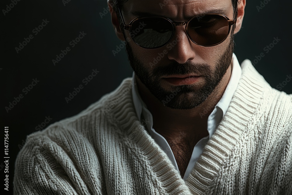 Obraz premium Stylish man wearing sunglasses and white shirt with tied sweater on shoulders