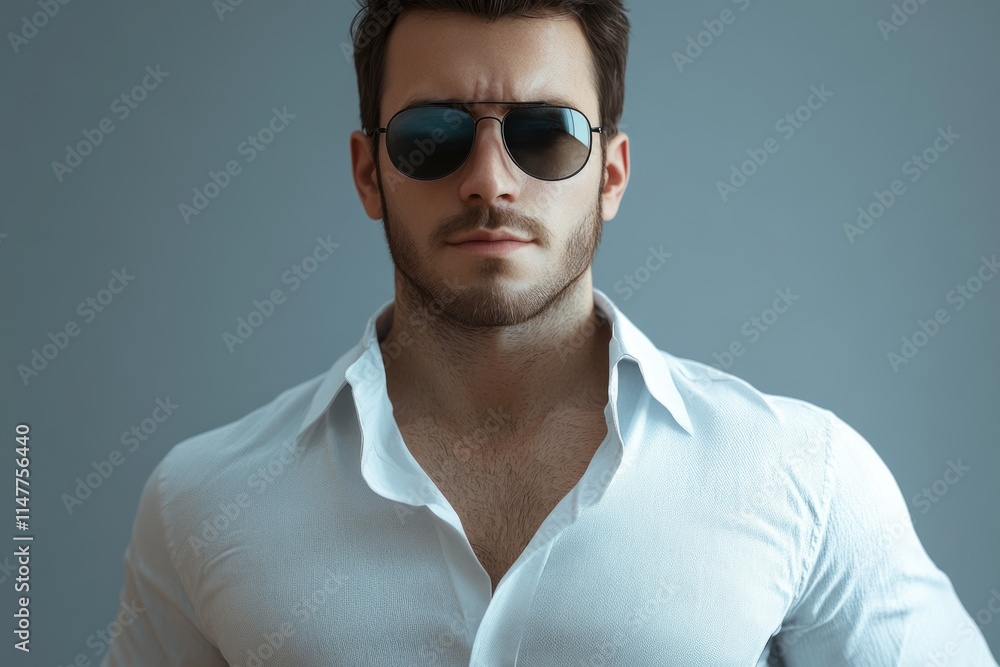 Obraz premium Stylish man wearing sunglasses and white shirt with tied sweater on shoulders