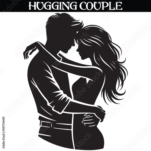 Hugging Couple Silhouette of Romantic Couple in Black and White