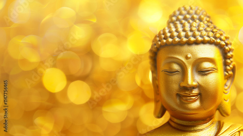 Close-up of a serene Buddha statue illuminated by golden sunlight