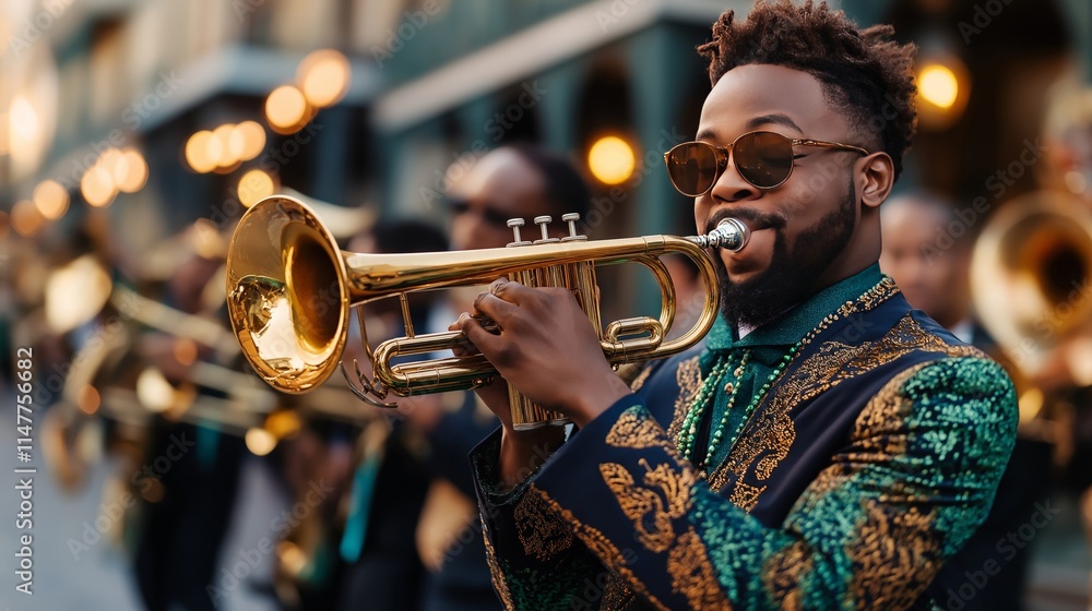 Obraz premium A jazz trumpet player in a decorative green and gold outfit performing during a Mardi Gras parade, with warm streetlights and festive atmosphere in the French Quarter