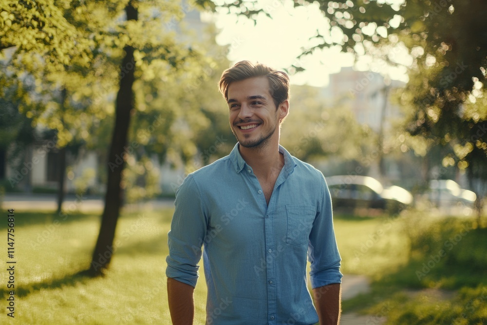 Young man in blue shirt relaxes in city park. Young man in blue shirt relaxes in city park.