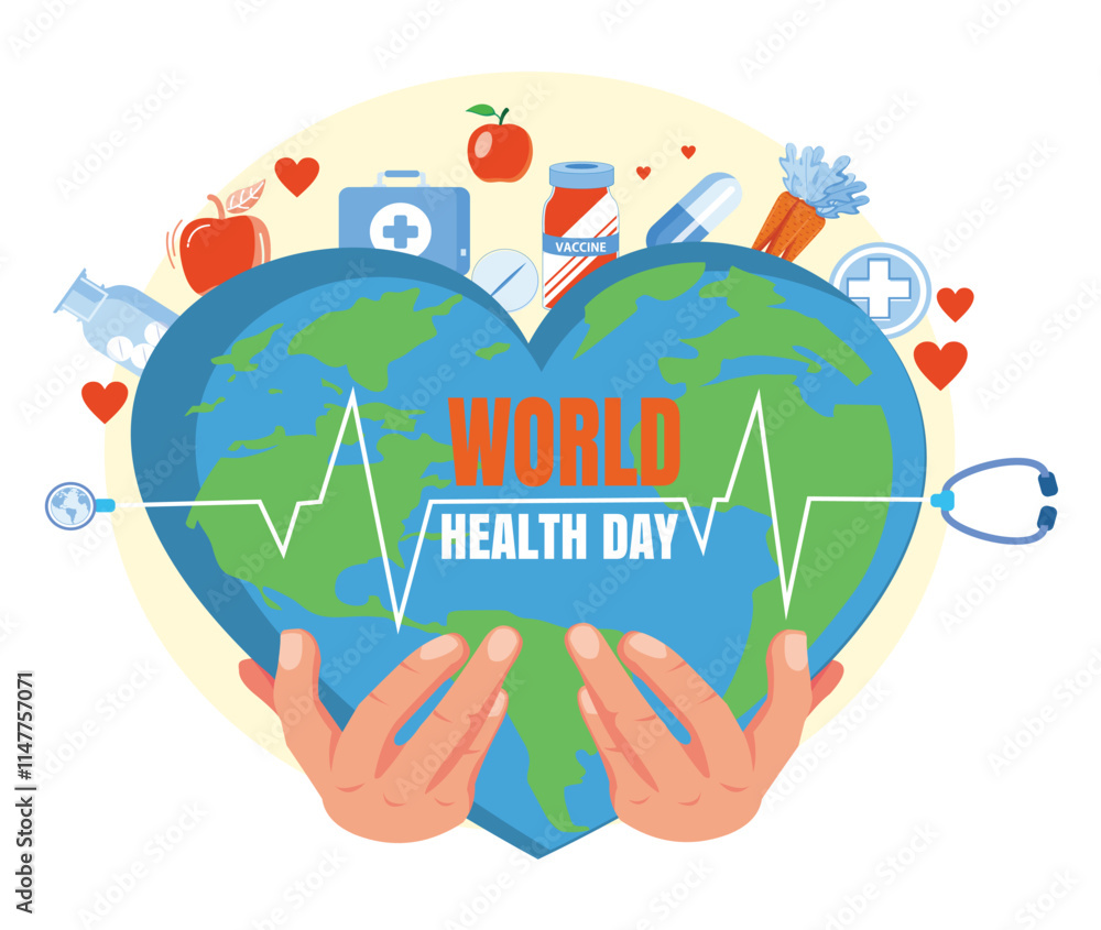 World Health Day with heart shaped Earth and Medical Equipment for the Importance of Healthy Living and Lifestyle. World Health Day with heart shaped Earth and Medical Equipment for the Importance of Healthy Living and Lifestyle.