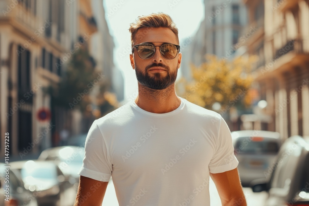 Stylish man in white t shirt and glasses on city street. Stylish man in white t shirt and glasses on city street.