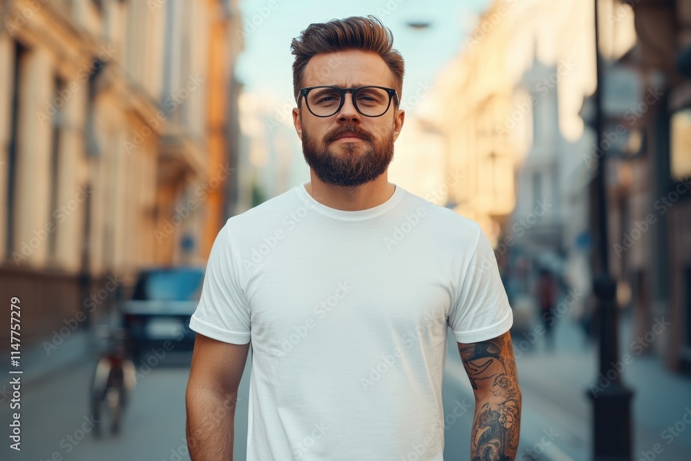 Stylish man in white t shirt and glasses on city street. Stylish man in white t shirt and glasses on city street.