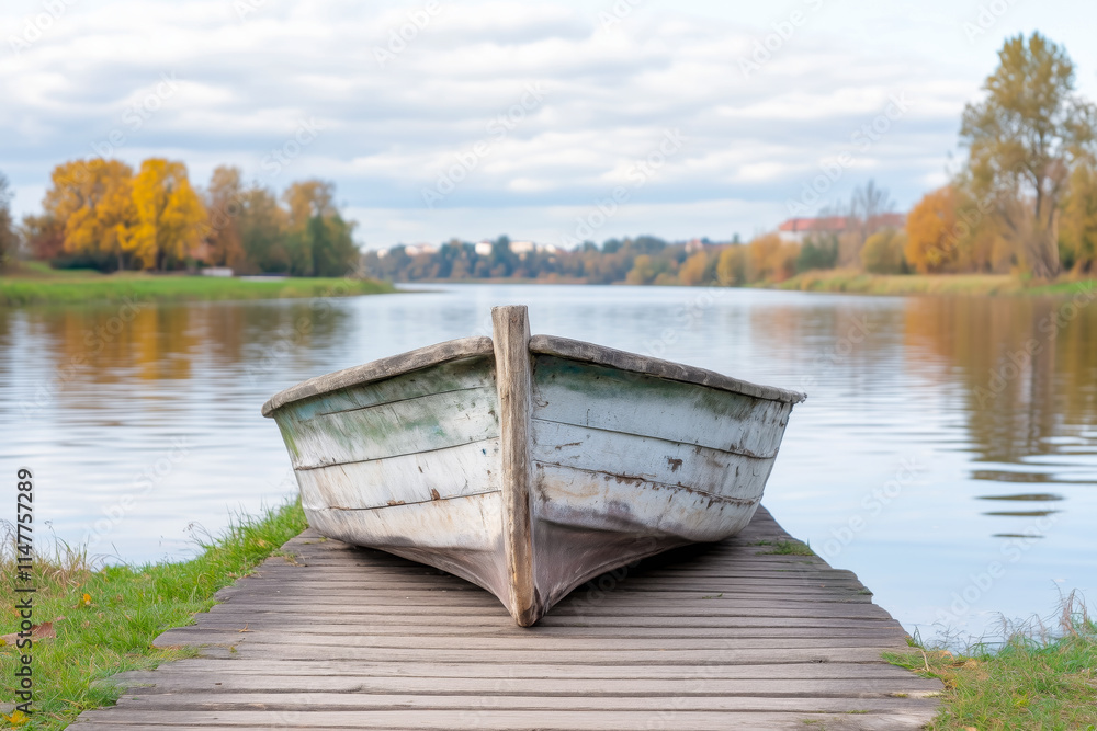 Obraz premium A weathered wooden boat rests on a dock by a peaceful lake surrounded by autumn trees