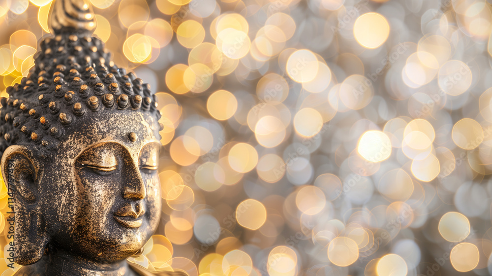 Close-up of a serene Buddha statue illuminated by golden sunlight Close-up of a serene Buddha statue illuminated by golden sunlight