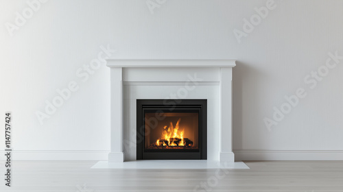 Elegant white mantel fireplace with a cozy, glowing fire, set against a minimalist interior with clean lines