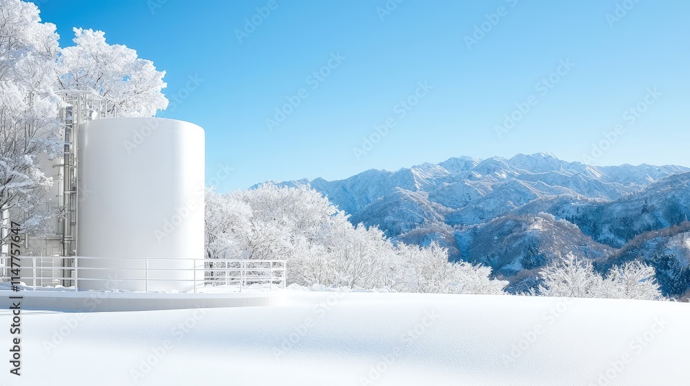 Obraz premium Snowy mountain landscape with a white cylindrical structure.