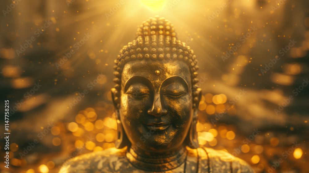 Close-up of a serene Buddha statue illuminated by golden sunlight Close-up of a serene Buddha statue illuminated by golden sunlight