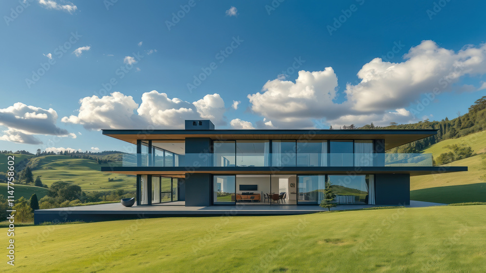 A modern house with large windows set in a lush green landscape under a blue sky. A modern house with large windows set in a lush green landscape under a blue sky.