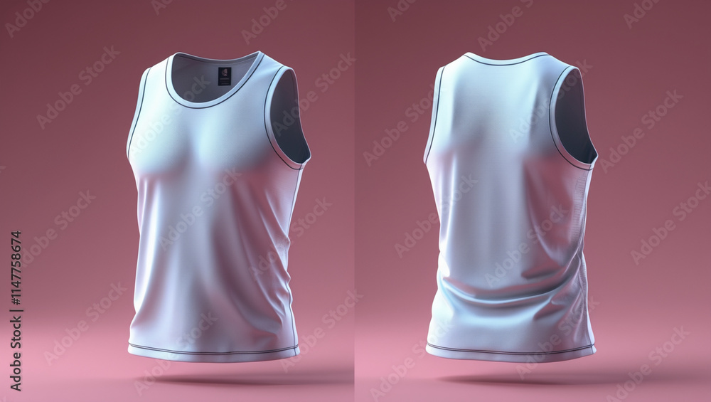 White Basketball Sleeveless Tank Top Mockup, Realistic 3D Render Depicting Front and Back Views for Apparel Design Templates and Athletic Clothing Presentation White Basketball Sleeveless Tank Top Mockup, Realistic 3D Render Depicting Front and Back Views for Apparel Design Templates and Athletic Clothing Presentation
