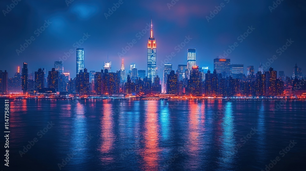 Nighttime Manhattan skyline reflected in water. Nighttime Manhattan skyline reflected in water.