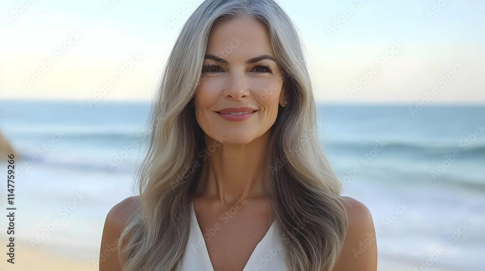 Woman Smiling at the Beach Realistic Photo Woman Smiling at the Beach Realistic Photo