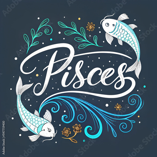 Pisces zodiac sign with decorative fish and water elements photo