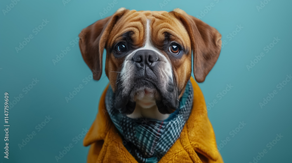 Fashion Portrait of a Saint Bernard Dog in Suit, Blue Background Fashion Portrait of a Saint Bernard Dog in Suit, Blue Background