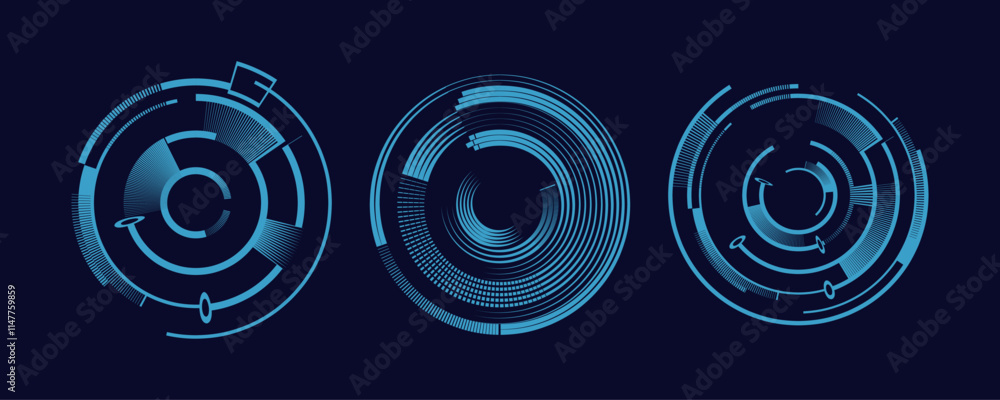 Vector illustration of a Illuminated Futuristic Circular HUD Interface Design - Cyberpunk Blue Tech Circles.