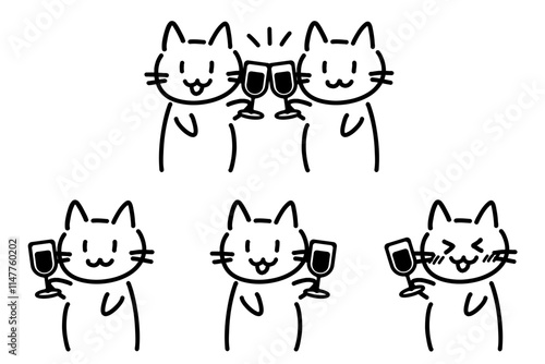 ワインを持って乾杯する手書きの三毛猫のイラストセット