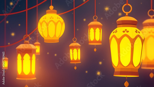 Glowing Lanterns of Ramadan: A magical night scene featuring warm, glowing lanterns hanging against a deep purple twilight sky, perfect for Ramadan and Eid celebrations.