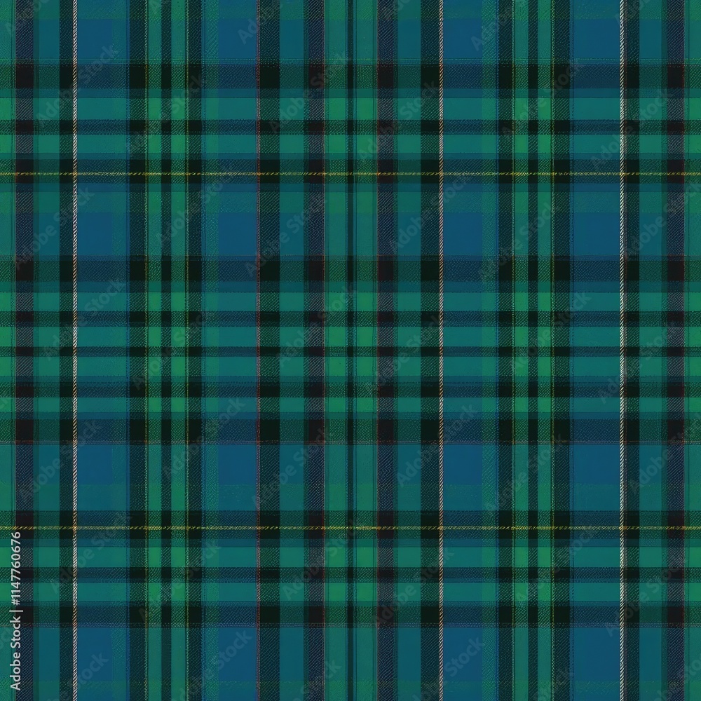 Classic tartan plaid pattern in blue and green hues on a dark background, copy space Classic tartan plaid pattern in blue and green hues on a dark background, copy space