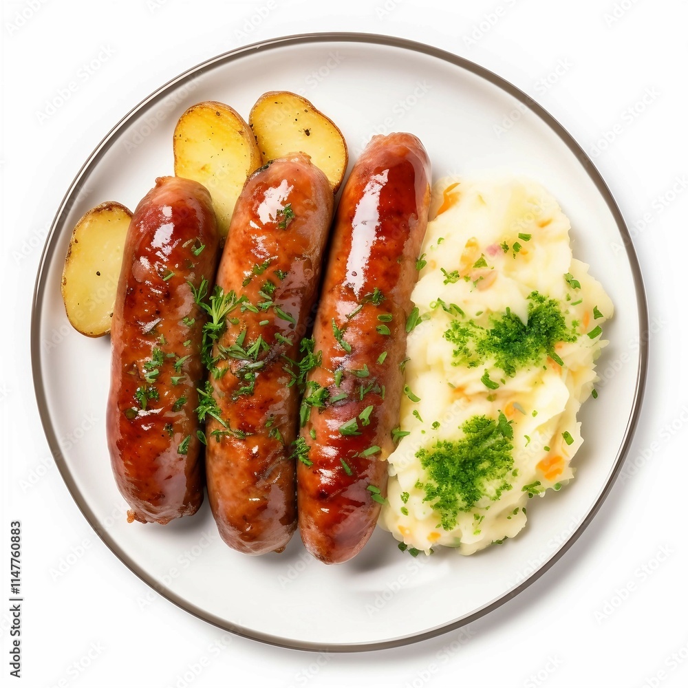 Sausage & Potato Dish, Isolated on white background, flat lay Sausage & Potato Dish, Isolated on white background, flat lay
