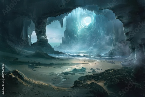 A Mystical Cave Entrance Leading to a  Seascape with a Circular Opening in the Sky