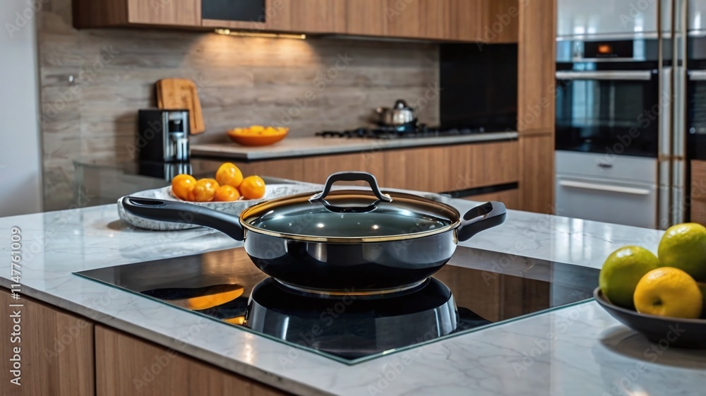 Frying pan with lid on glass ceramic cooker. A well-designed kitchen features a black induction stove with a stylish pan. The elegant countertop in contemporary house with modern living space. Frying pan with lid on glass ceramic cooker. A well-designed kitchen features a black induction stove with a stylish pan. The elegant countertop in contemporary house with modern living space.