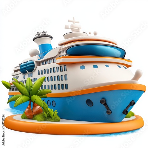 A colorful cartoon cruise ship with palm trees, designed for a fun and playful maritime theme.