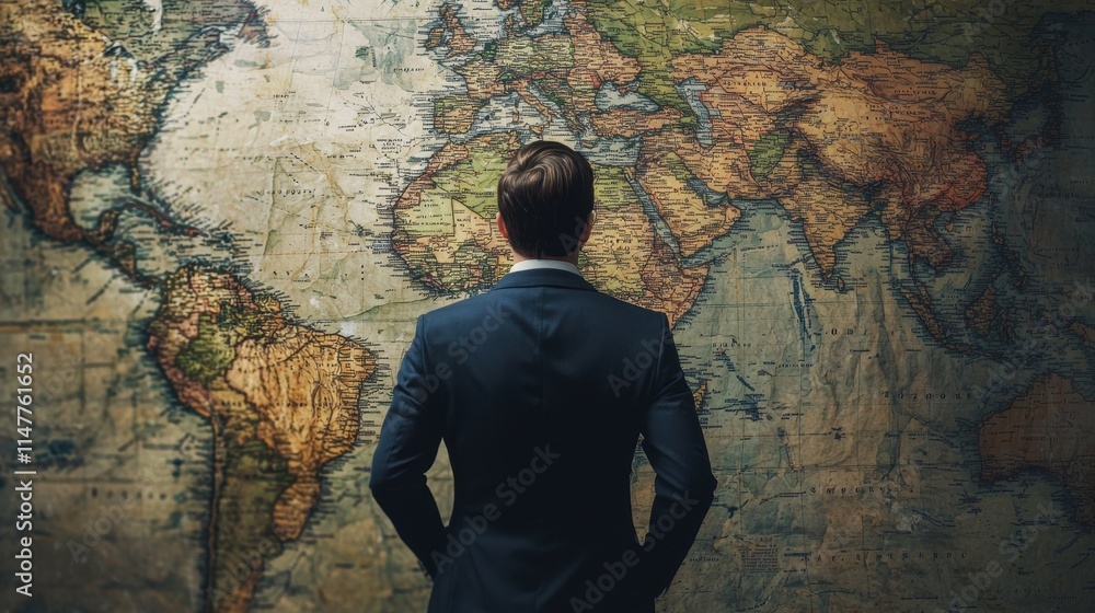 Fototapeta premium Business Strategist Analyzing Global Map for Strategic Planning and Corporate Development Insights