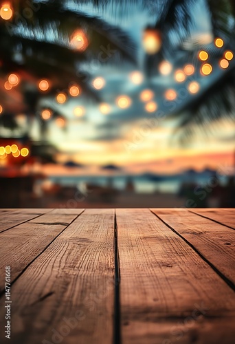 Sunset Beach Bliss: Tropical Wooden Deck with String Lights photo