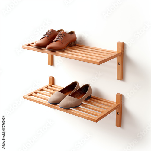 Wooden Shoe Rack with Brown and Beige Shoes photo