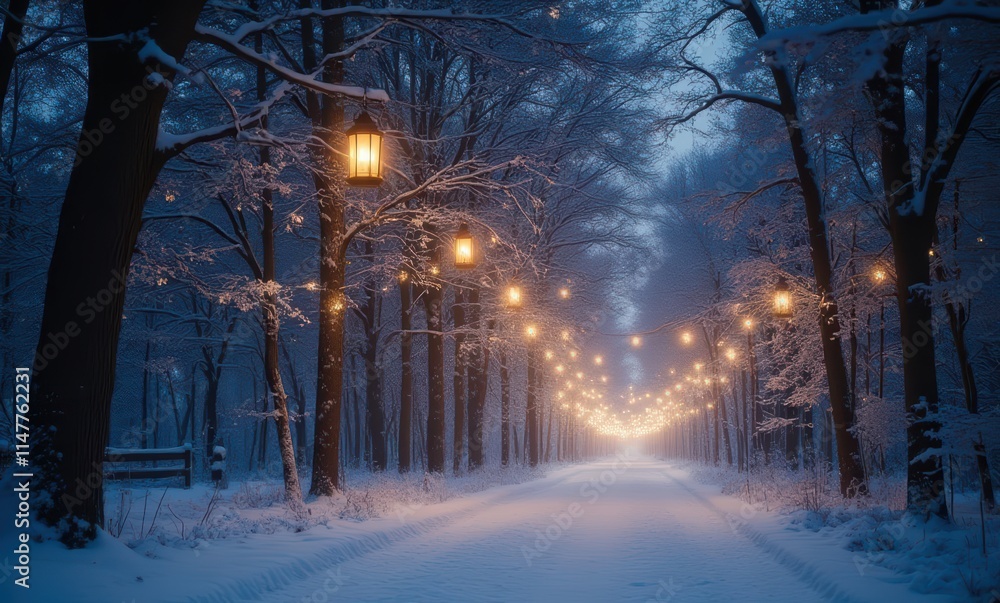 Enchanting winter pathway with glowing lights Enchanting winter pathway with glowing lights