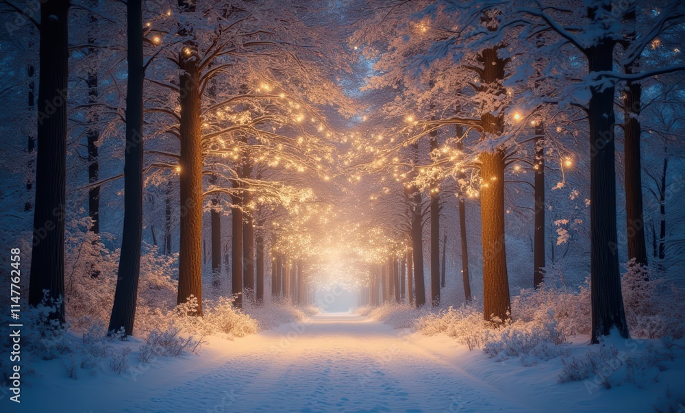 Enchanting winter forest with glowing lights Enchanting winter forest with glowing lights
