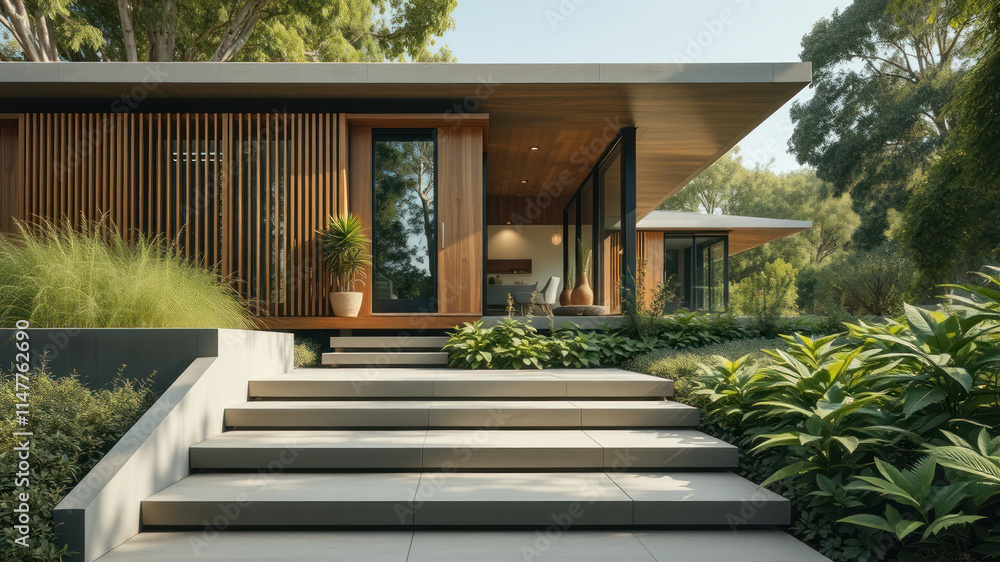 Modern home with sleek design, surrounded by lush greenery and landscaped steps. Modern home with sleek design, surrounded by lush greenery and landscaped steps.