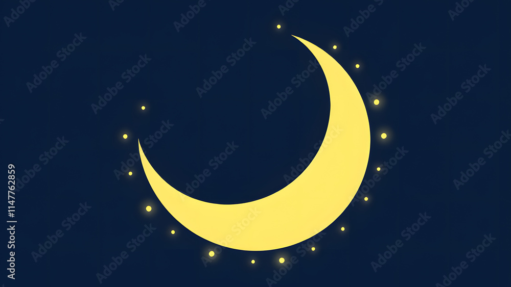 Naklejka premium Celestial Dreams: A serene crescent moon glows with soft light, surrounded by twinkling stars against a deep blue night sky, evoking a sense of peace and wonder. 