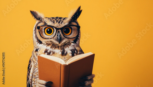  Illustration of a wise owl wearing round glasses, engrossed in reading a book, set against a solid yellow background photo