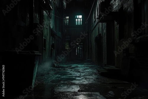 Darkness in a old grunge dirty street in the middle of night photo